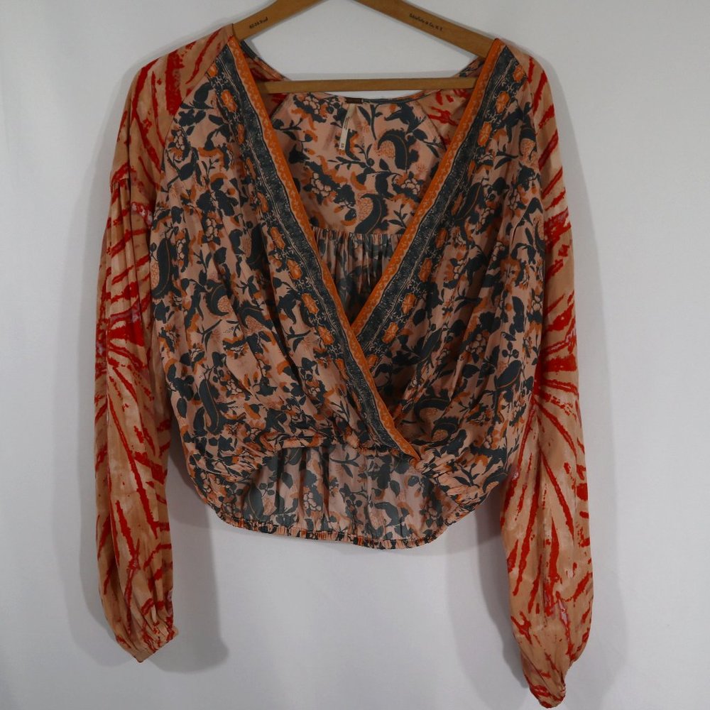 Free People Cruisin’ Together Silky Printed Faux Wrap Boho Top XS